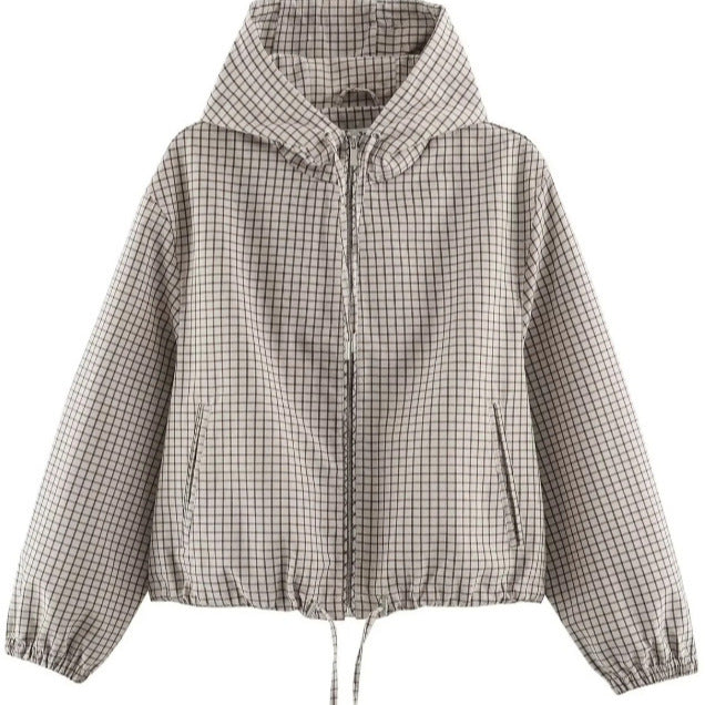 Women Checked Cropped Hoodie with Drawstring Hem and Two-Way Zip Mune Fashion