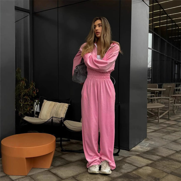 Women's velvet jumpsuit with wide leg, elastic waistband, and stand collar Mune Fashion