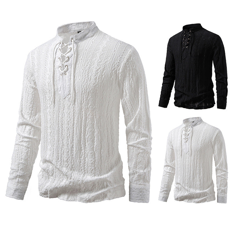 Men's Fine Structure Henley Long Sleeve Shirt with Lacing and Stand-up Collar Mune Fashion
