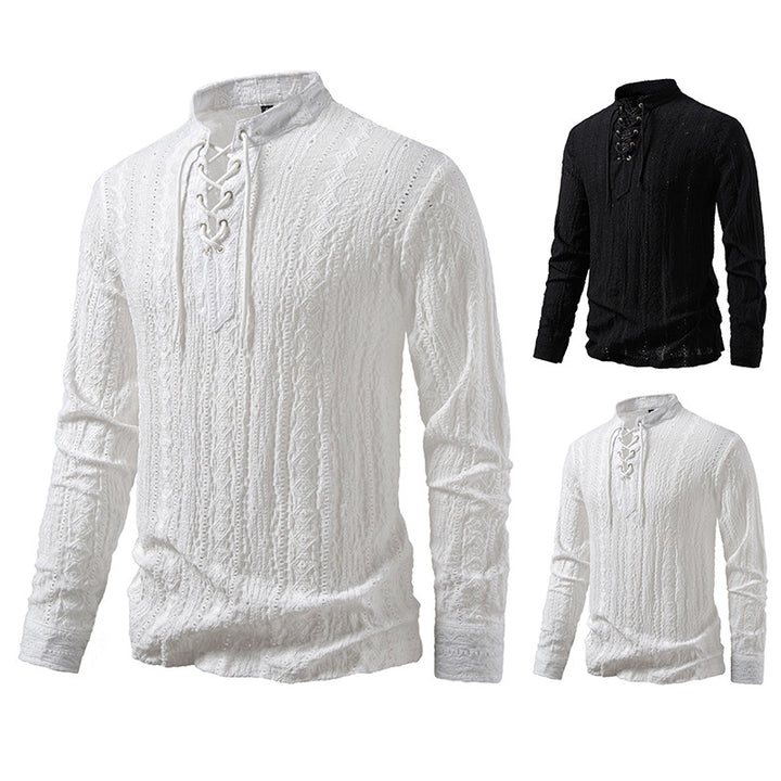 Men's Fine Structure Henley Long Sleeve Shirt with Lacing and Stand-up Collar Mune Fashion