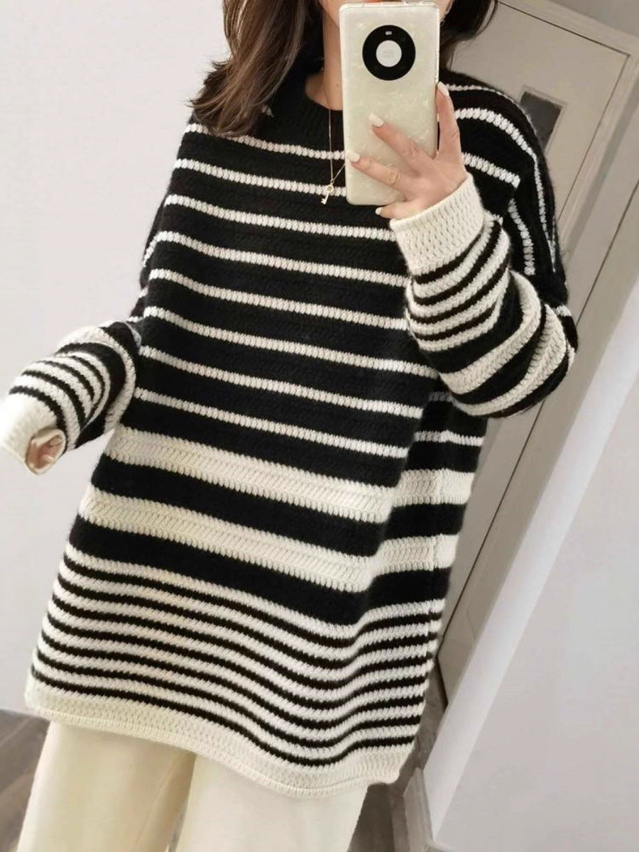 Women's oversized long pullover made of粗stripes knit with round neckline Mune Fashion