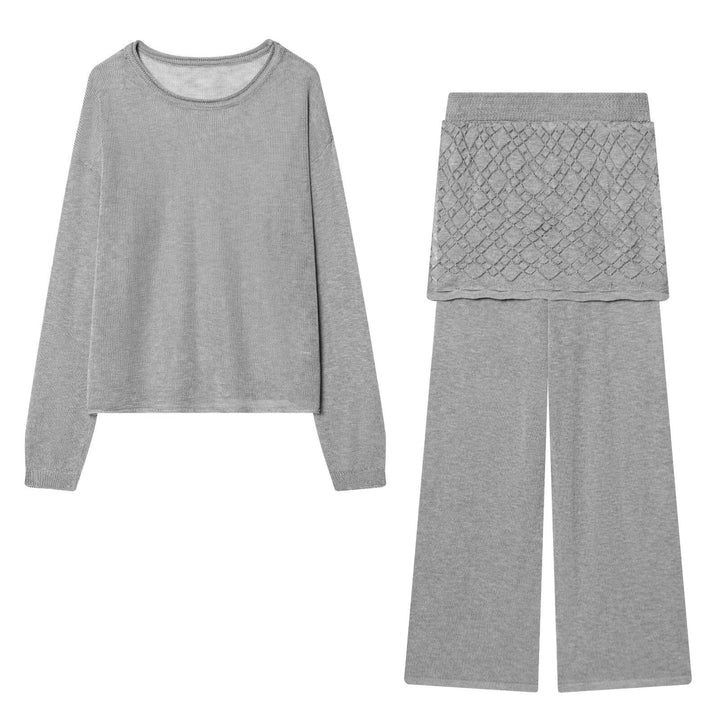 Women's Lightweight Fine Knit Loungewear Set with Round Neck and Wide Palazzo Pants Mune Fashion
