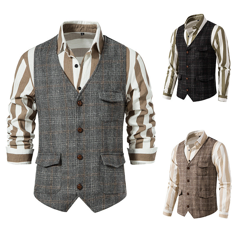 Men's checked wool blend gilet with chest pocket and patch side pockets Mune Fashion