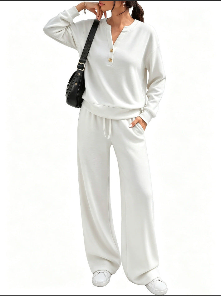 Ladies Lounge Set with Henley Collar and Palazzo Wide Jogging Pants Mune Fashion