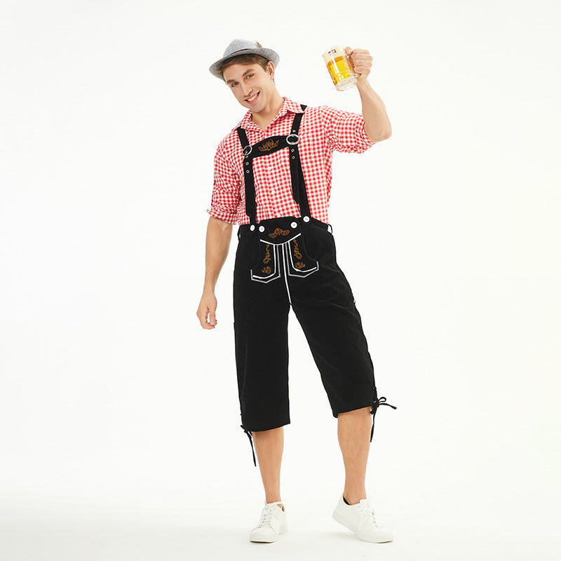 Men's traditional Bavarian leather shorts knee-length with embroidered suspenders Mune Fashion