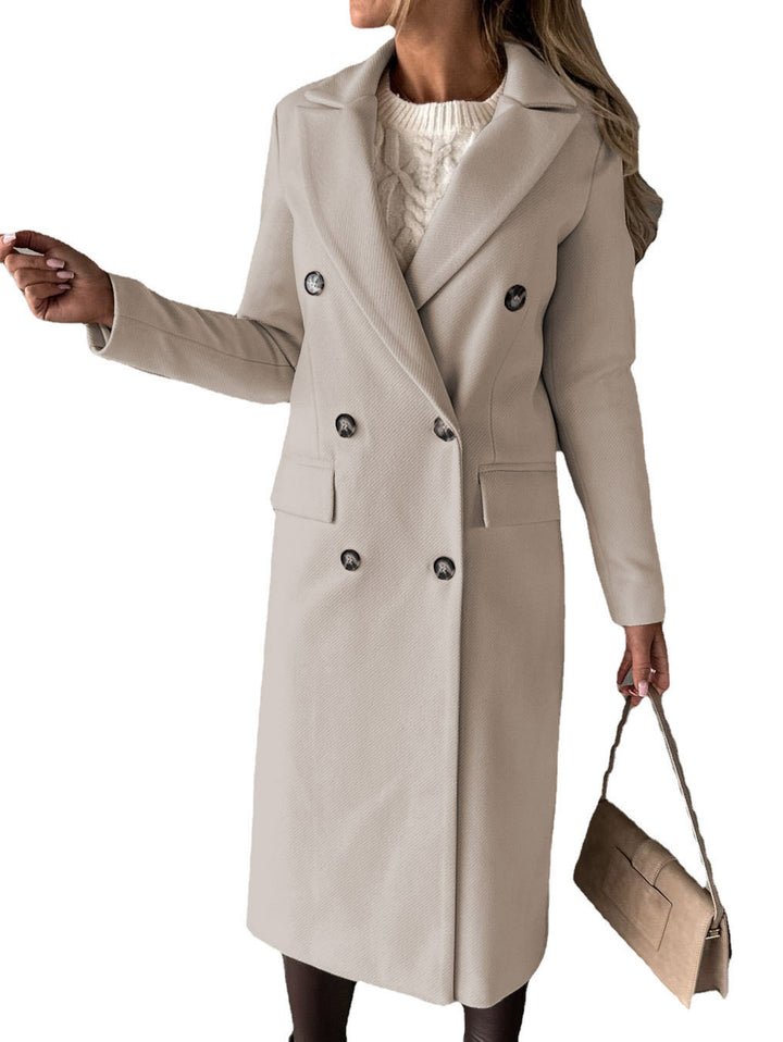 Women's Double-Breasted Wool Blend Coat with Lapel Collar and Flap Pockets Mune Fashion