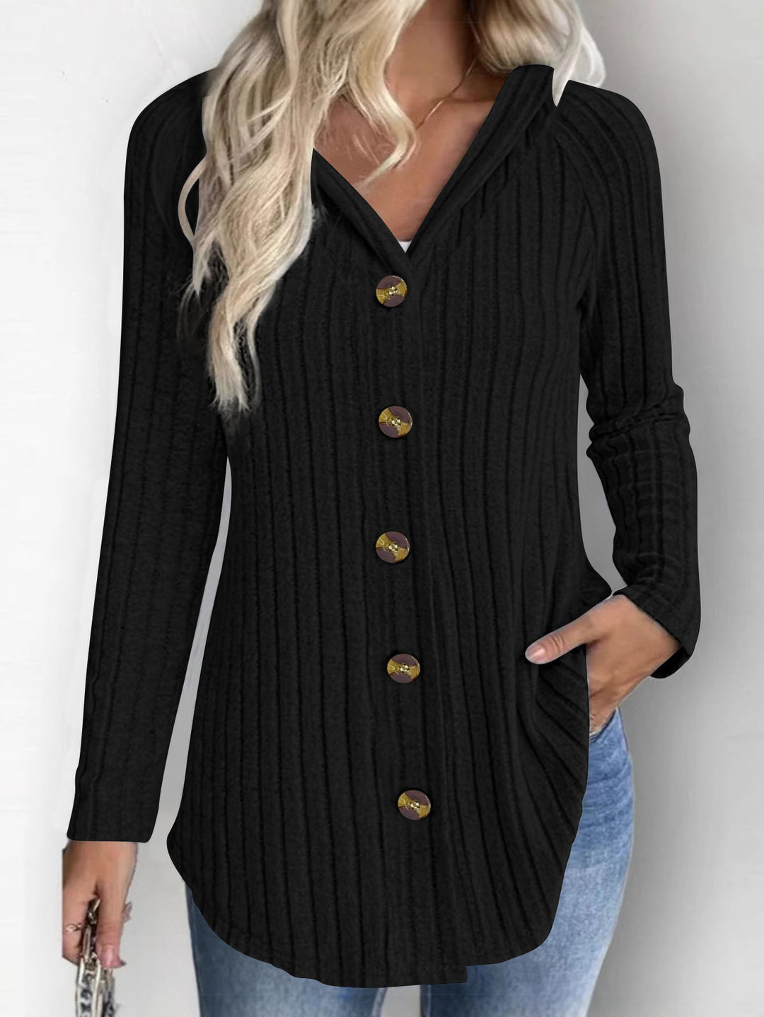 Women's Ribbed Hoodie Cardigan Blouse with Wooden Button Placket and Gathered Sleeves Mune Fashion