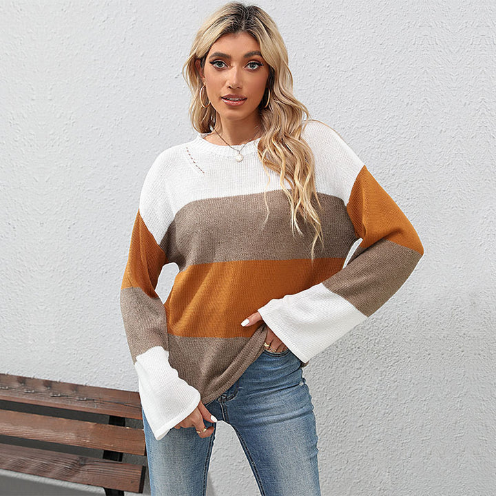 Women's Oversize Color Block Knit Sweater with Round Neck and Long Sleeves Mune Fashion