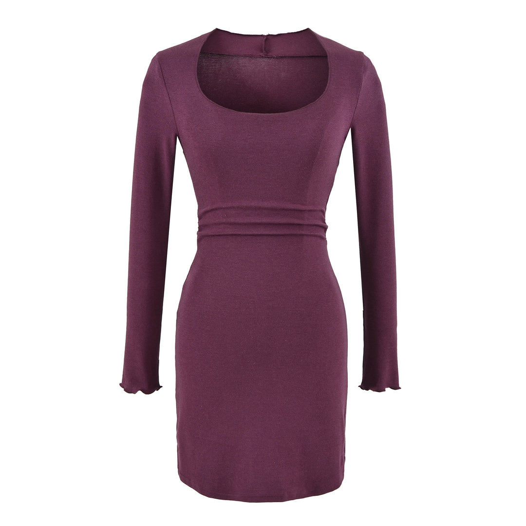 Women's Fitted Midi Dress with Square Neckline and Waist Ruching
