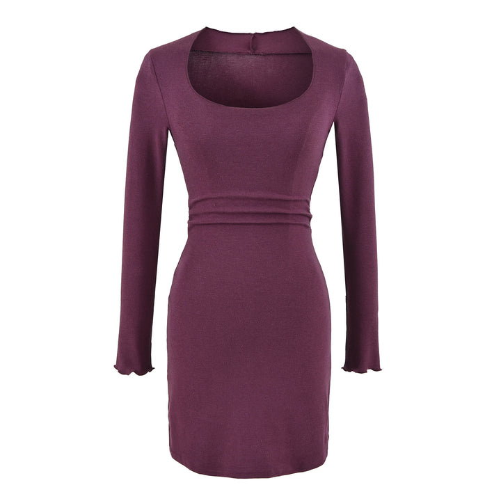 Women's Fitted Midi Dress with Square Neckline and Waist Ruching