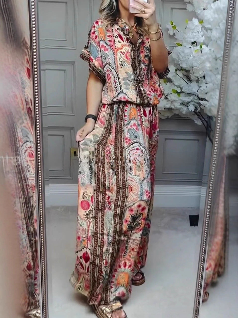 Women's Boho two-piece made of lightweight viscose with short-sleeve blouse, button placket, drawstring waistband, and wide palazzo pants Mune Fashion