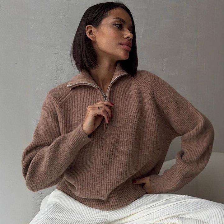 Women Ribbed Wool Blend Pullover with Half Zipper and Wide Stand-Up Collar Mune Fashion