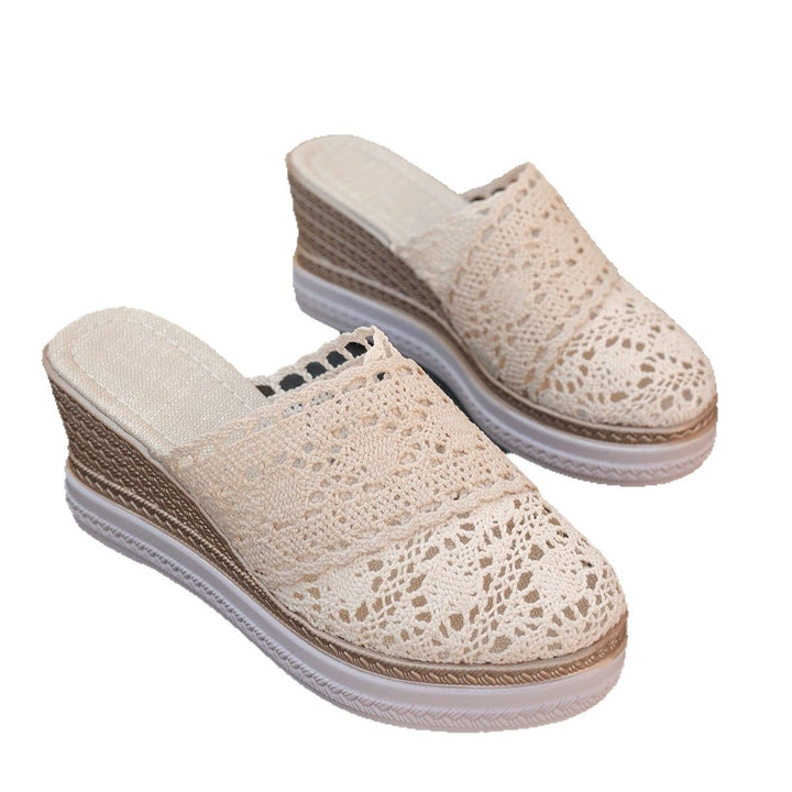 Women's crocheted plateau mules with jute-look wedge sole and breathable comfort lining Mune Fashion