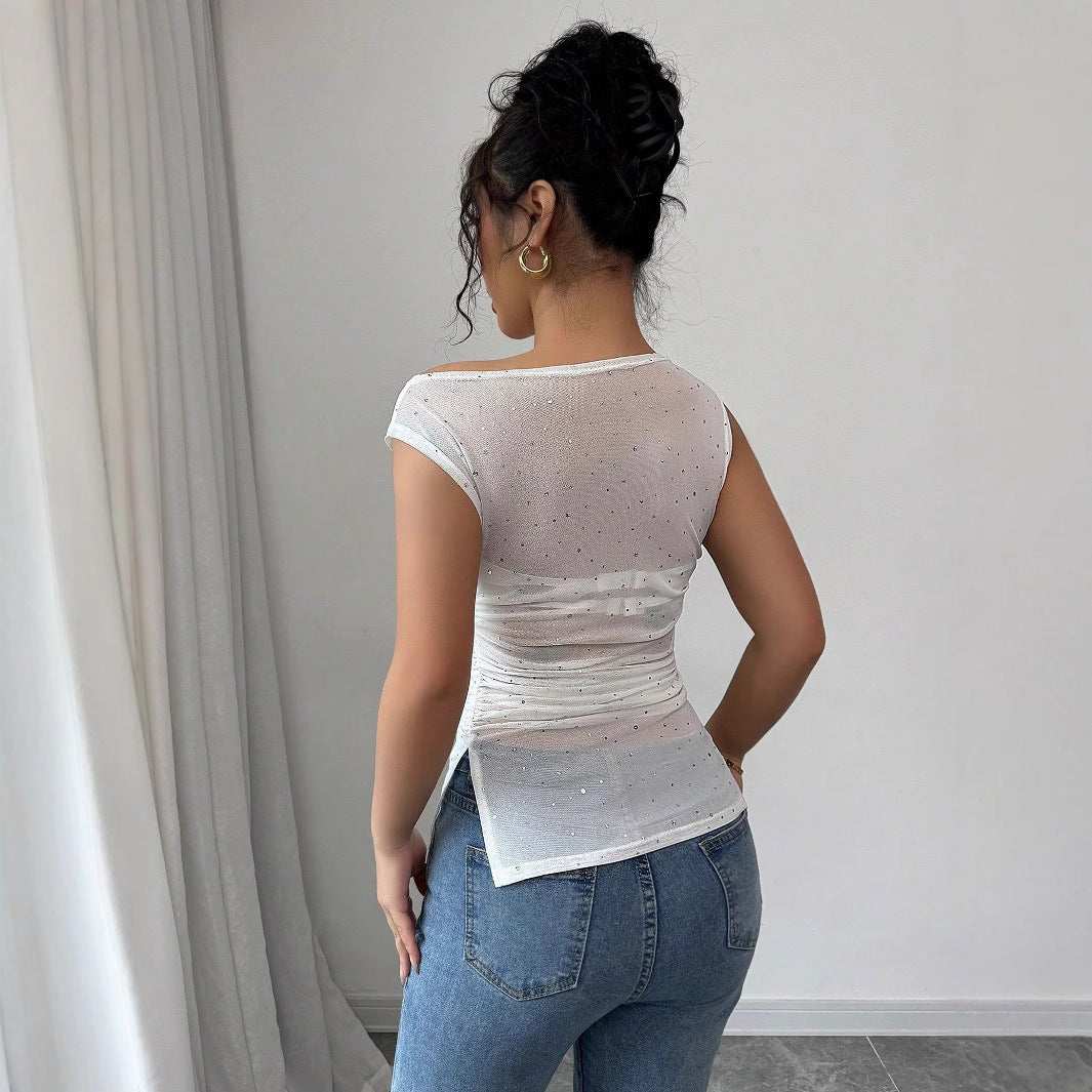 Women’s figure-hugging mesh top with rhinestone detailing, asymmetrical neckline and waist gathering Mune Fashion