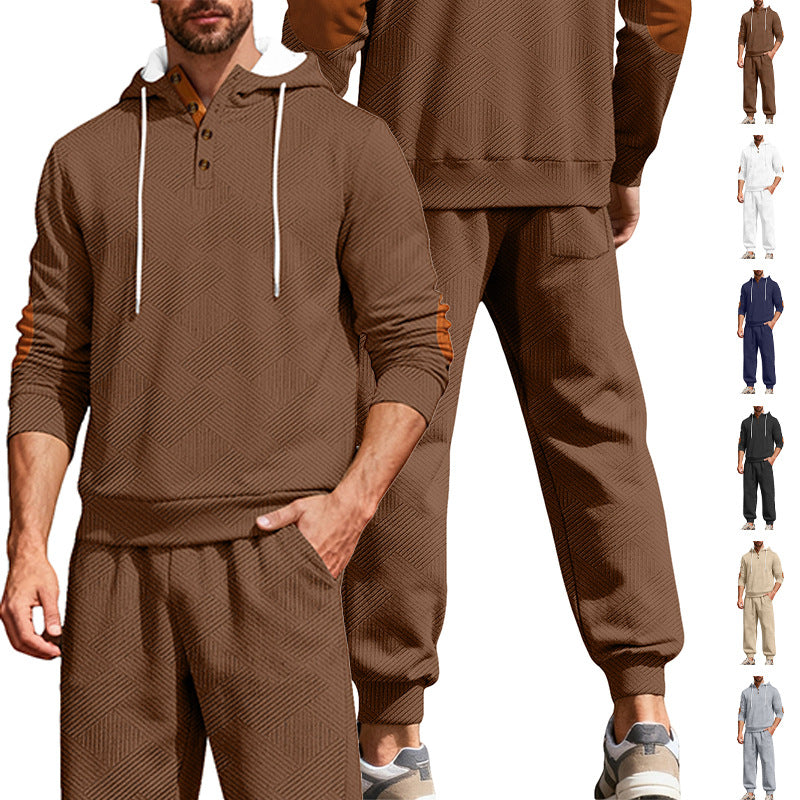 Men's textured hoodie jogging set with Henley button placket and contrast elbow patches Mune Fashion