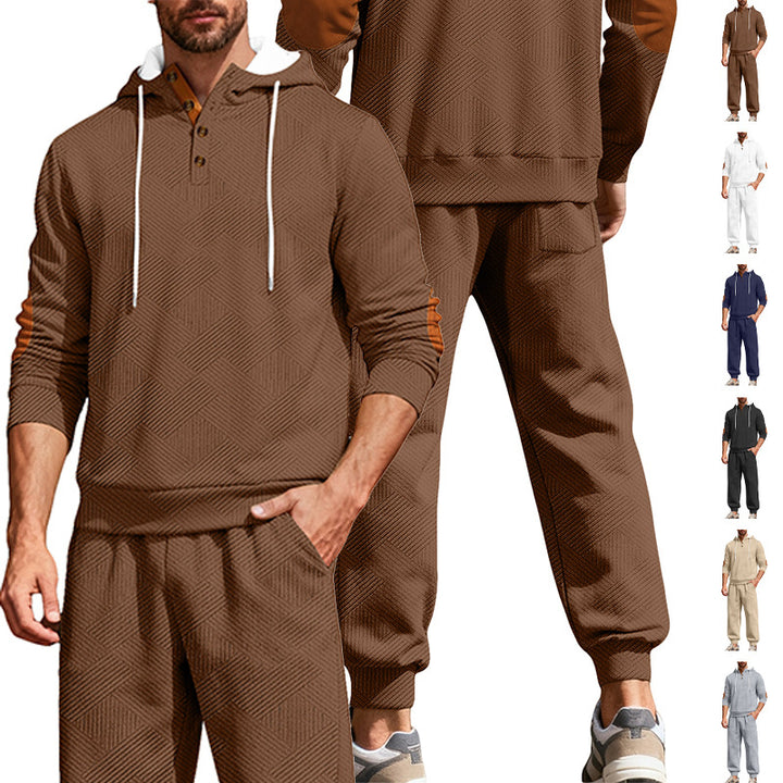 Men's textured hoodie jogging set with Henley button placket and contrast elbow patches Mune Fashion