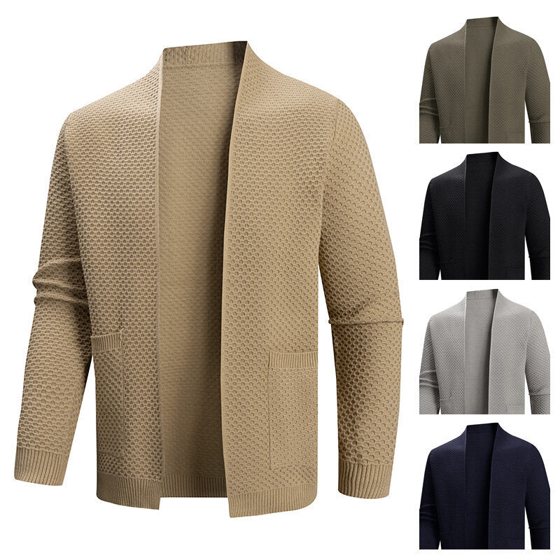 Men's cardigan with open waffle knit and shawl collar, patch pockets, and ribbed cuffs Mune Fashion