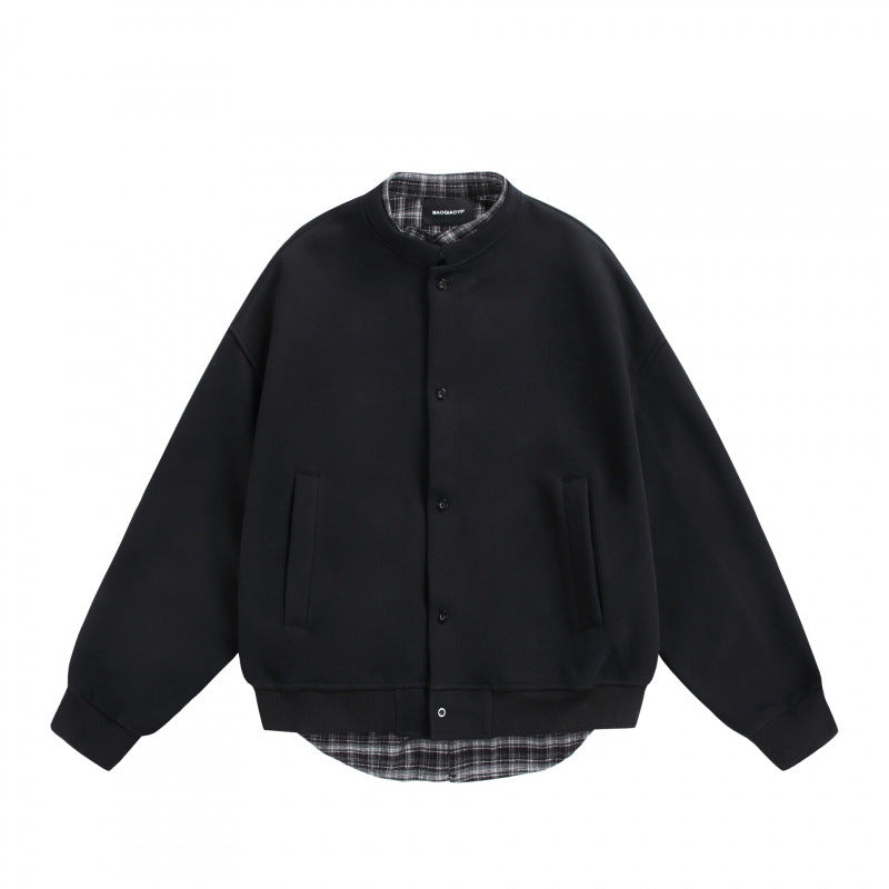 Men's Oversized College-Style Sweat Jacket with Concealed Snap Button Placket and Checked Lining Mune Fashion