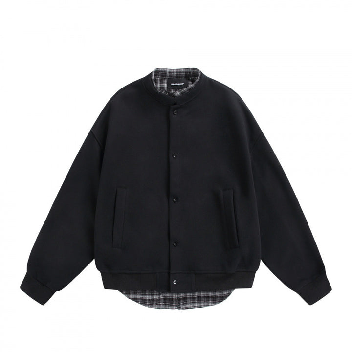 Men's Oversized College-Style Sweat Jacket with Concealed Snap Button Placket and Checked Lining Mune Fashion