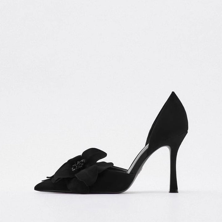 Women's pointed toe evening D'Orsay pumps with handcrafted 3D flower appliqué and sculpted stiletto Mune Fashion