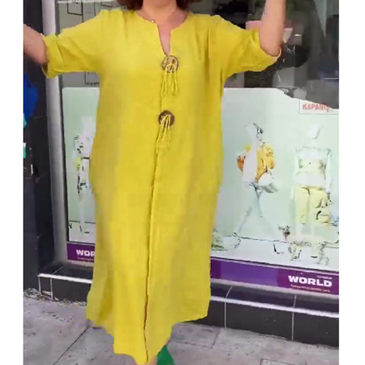 Ladies Long Linen Look Kaftan Dress with Wooden Ring Decorative Cord and Roll-Up Three-Quarter Sleeves Mune Fashion