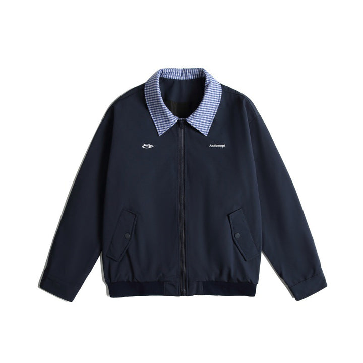 Men's Lightweight Harrington Bomber Jacket with Checkered Shirt Collar and Flap Pockets Mune Fashion