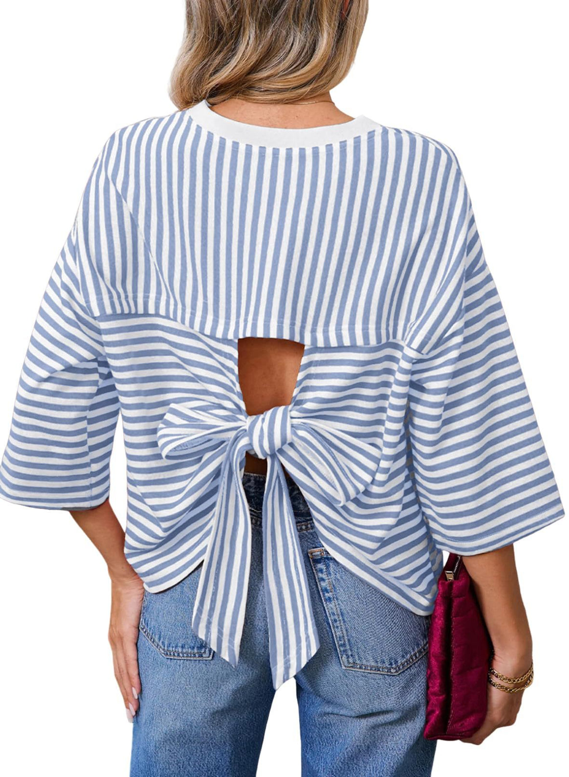 Women's Striped Oversize Shirt with Back Cutout and Bow Tie Mune Fashion