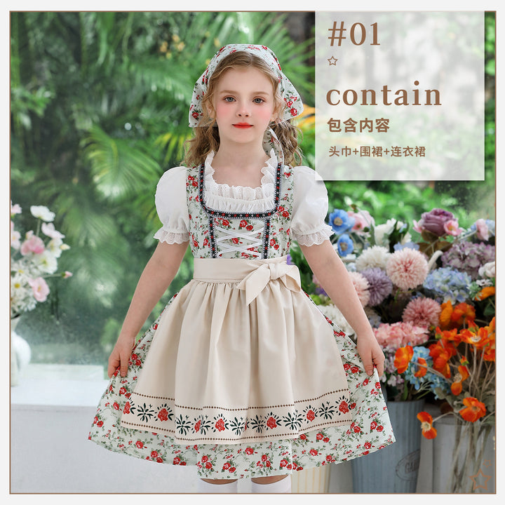 Ladies' traditional Dirndl dress for girls with embroidered apron, ruffle collar, and matching headscarf Mune Fashion