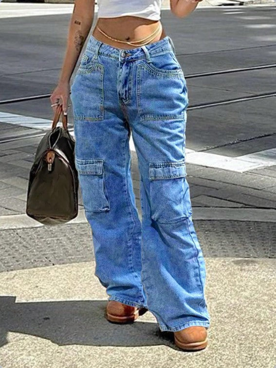 Women's High-Waisted Cargo Denim Pants with Utility Pockets Mune Fashion
