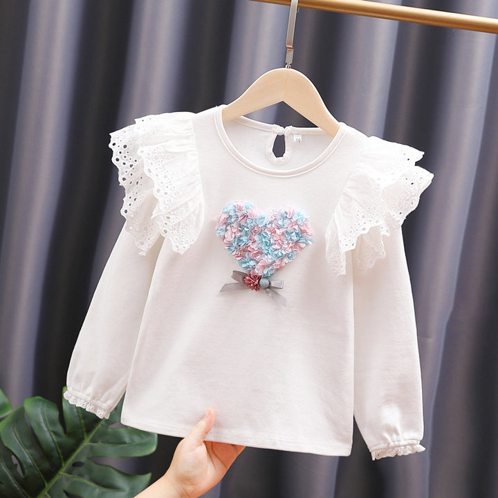 Girls Round Neck Sweatshirt with Ruffle Details and Heart Application Mune Fashion