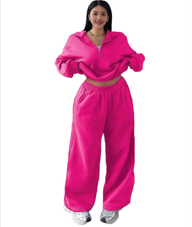 Women's Cropped Oversized Sweatshirt with Half Zipper and Wide High-Waist Jogging Pants Set Mune Fashion