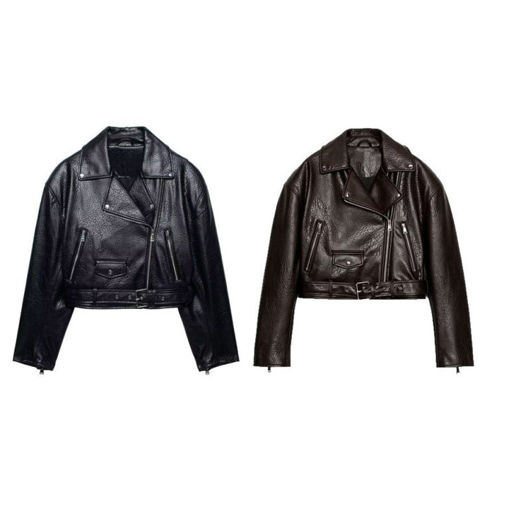 Women's Short-Cropped Biker Jacket in Textured Faux Leather with Waist Belt Mune Fashion