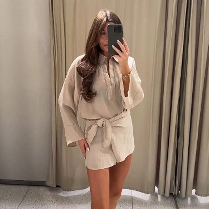 Ladies Lightweight Crinkle Two-Piece with Oversized Shirt and Wrap Mini Skirt Mune Fashion