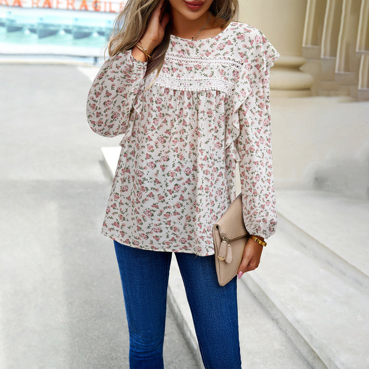 Women's romantic shirt blouse with lace trim, ruffle sleeves, and loose tunic silhouette Mune Fashion