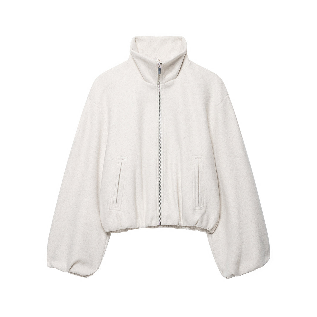 Women's Cropped Wool Blend Blouson Jacket with High Funnel Neck, Zipper and Gathered Hem