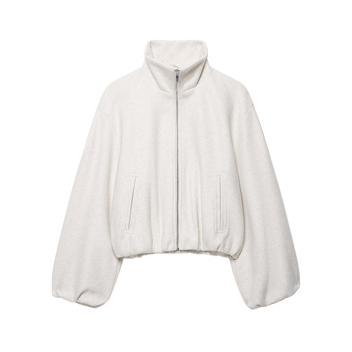 Women's Cropped Wool Blend Blouson Jacket with High Funnel Neck, Zipper and Gathered Hem