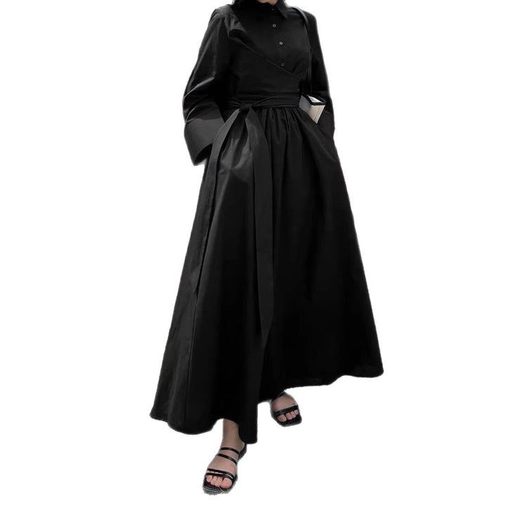Women's maxi dress in shirt blouse style with waist wrap, wide flared skirt and wide cuffs Drune