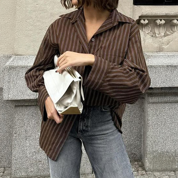 Women oversized casual shirt with fine pinstripes, shirt collar and chest pocket Mune Fashion