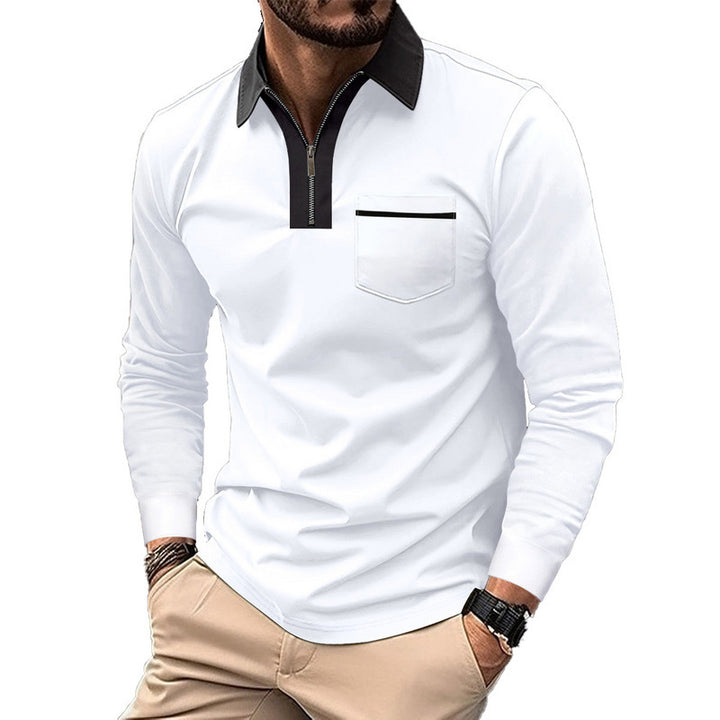 Men's elegant long-sleeve polo shirt with distinctive stand-up collar metal short zip and chest pocket Mune Fashion