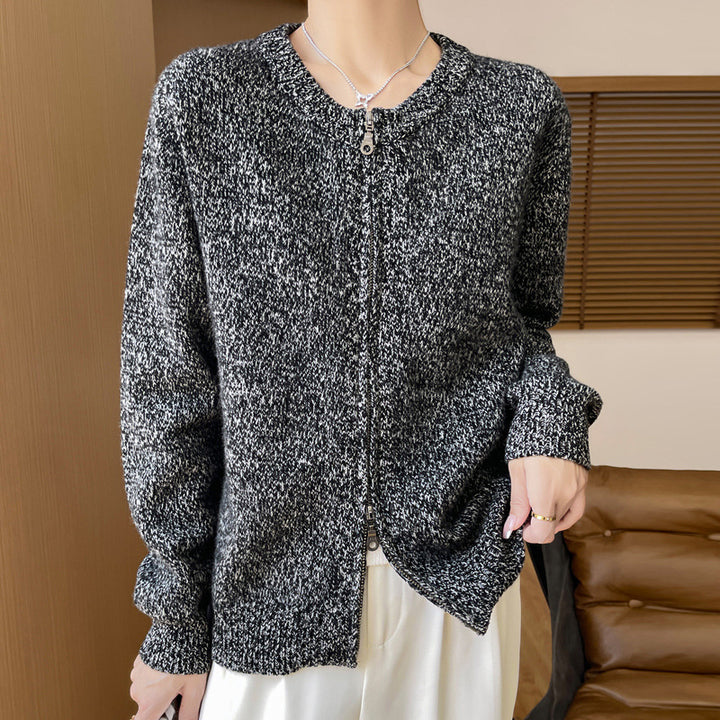 Women's Melange Zipper Cardigan with Two-Way Zipper and Ribbed Cuffs Mune Fashion