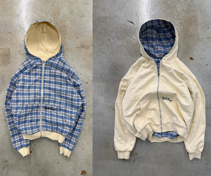 Unisex nan reversible hoodie jacket with checked lining, full zip and kangaroo pocket Mune Fashion