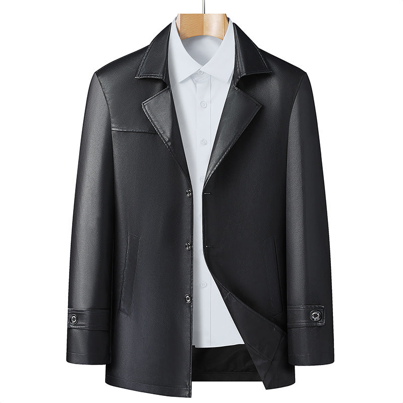 Men's Elegant Faux Leather Short Coat in Blazer Style with Notched Lapel Mune Fashion