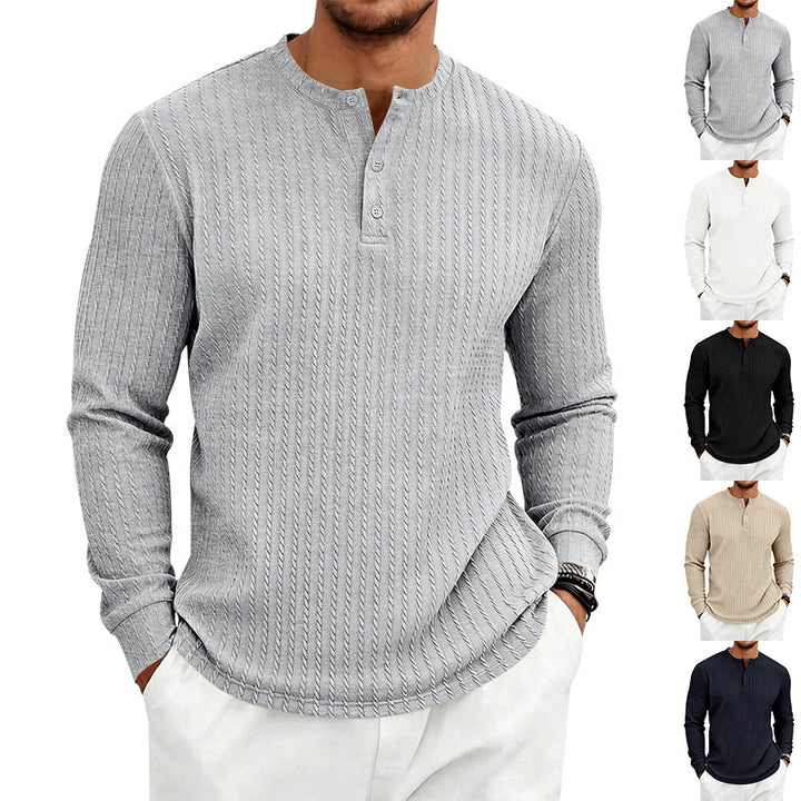 Men's fine knit Henley with stand collar and cable pattern Mune Fashion