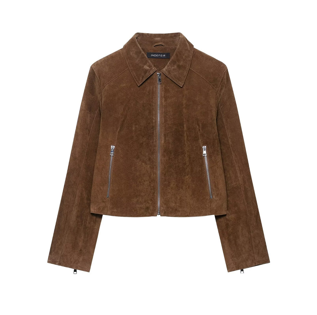 Ladies Cropped Suede Jacket with Shirt Collar, Zipper and Zip Pockets Mune Fashion