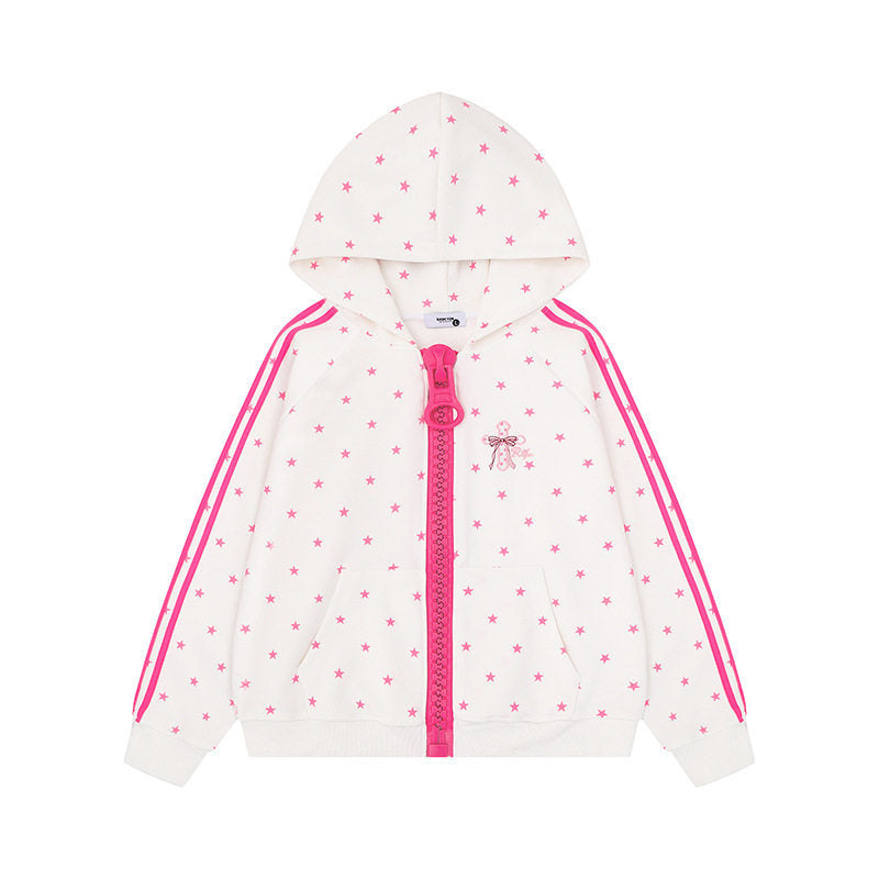 Women's hoodie sweatshirt with star all-over print, wide contrast zipper and side stripes Mune Fashion