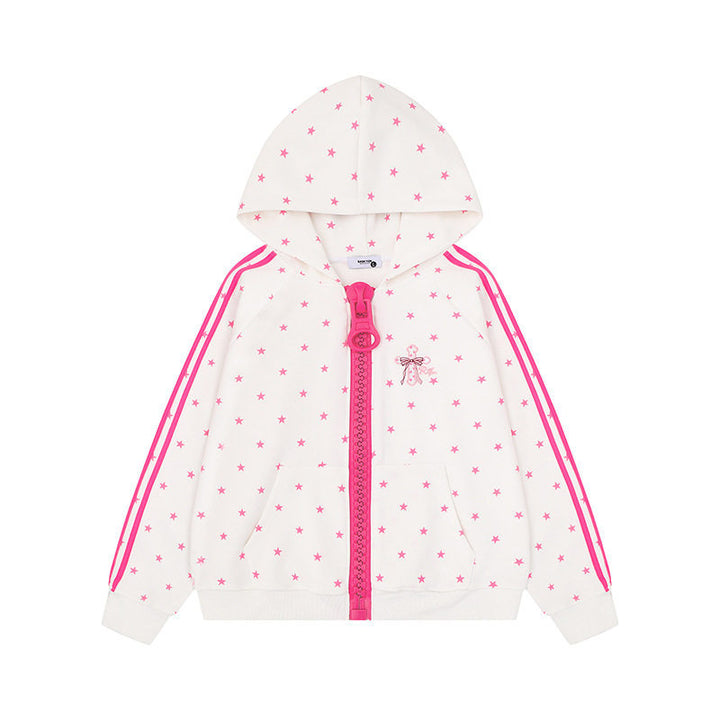 Women's hoodie sweatshirt with star all-over print, wide contrast zipper and side stripes Mune Fashion