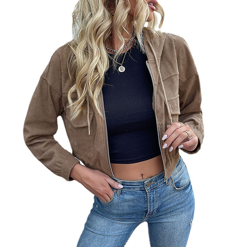 Women's Short Cord Jacket with Hood, Zipper & Chest Pockets Mune Fashion