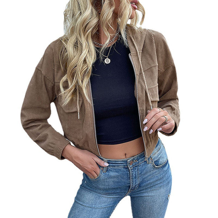 Women's Short Cord Jacket with Hood, Zipper & Chest Pockets Mune Fashion