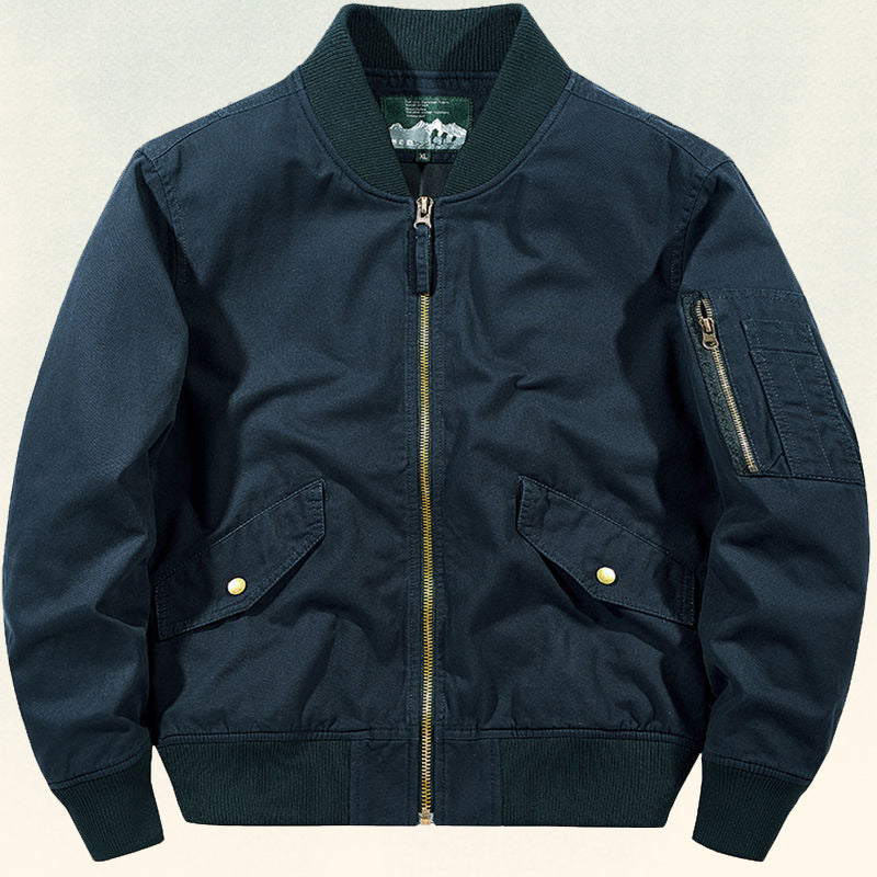 Men's robustly crafted canvas bomber jacket with ribbed cuffs, flap pockets, and sleeve pocket Mune Fashion