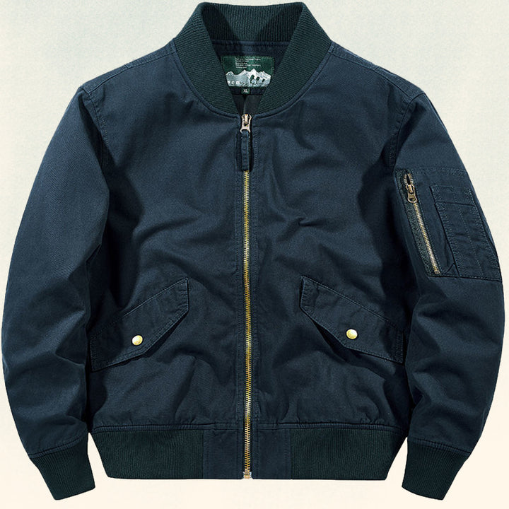 Men's robustly crafted canvas bomber jacket with ribbed cuffs, flap pockets, and sleeve pocket Mune Fashion